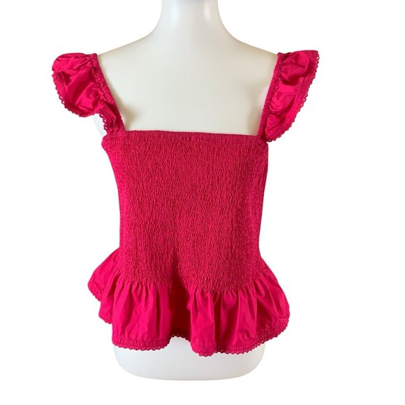 Roller Rabbit Red Smocked Ruffle Tank Top L Cottagecore Feminine Summer Peplum - Picture 1 of 4